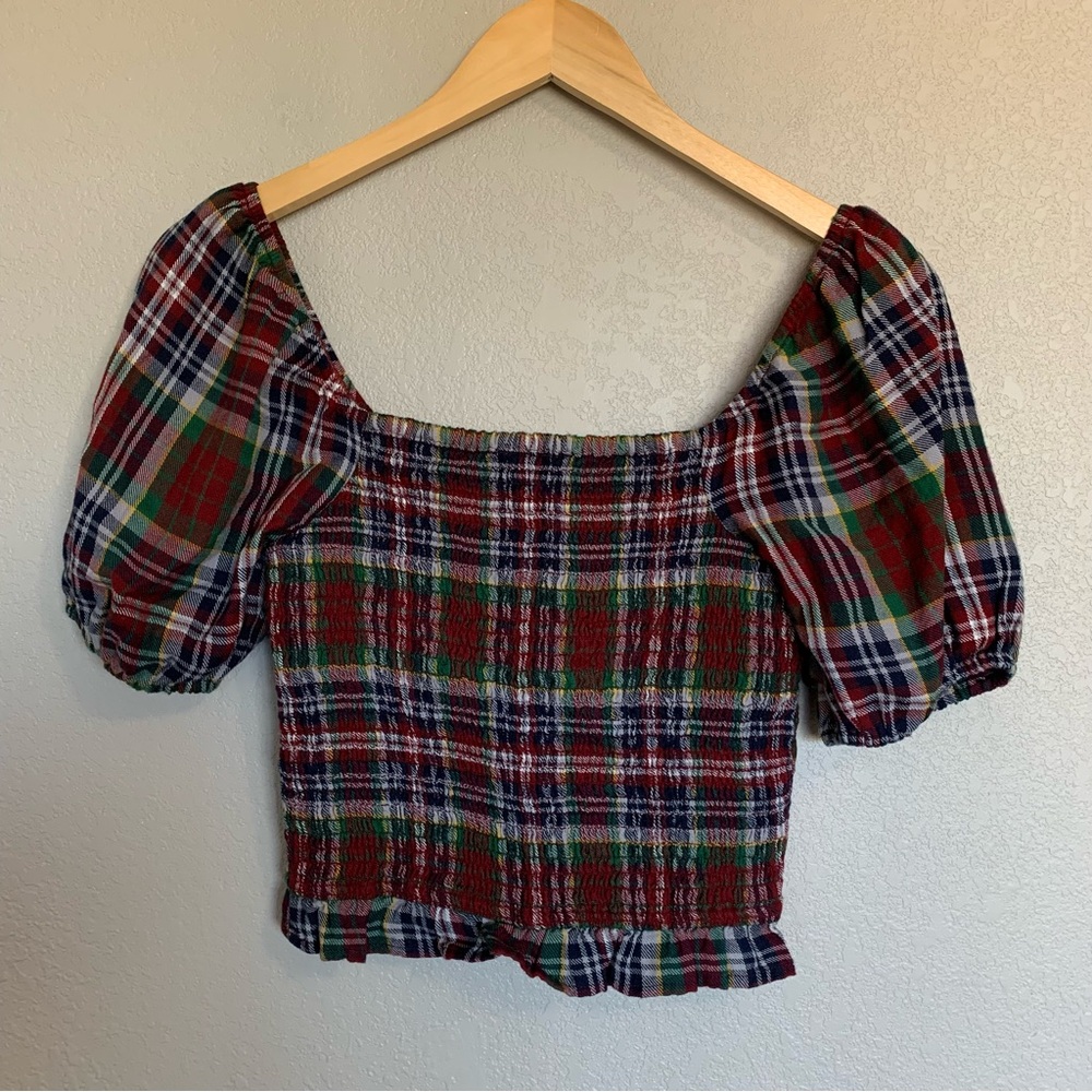 American Eagle Plaid Puff Sleeve Smocked Crop Top Size XS NWT